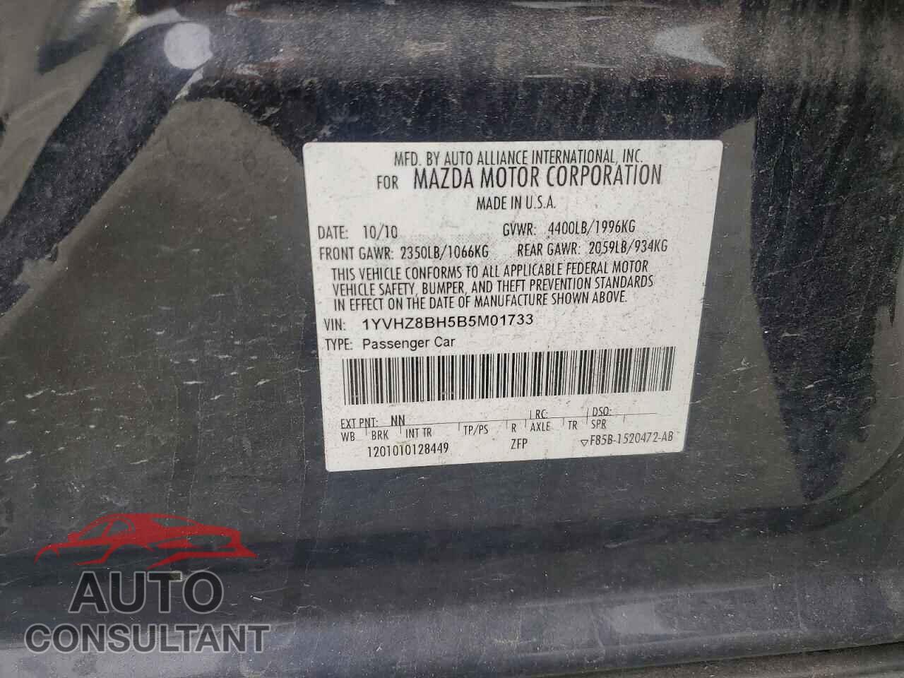 MAZDA 6 2011 - 1YVHZ8BH5B5M01733