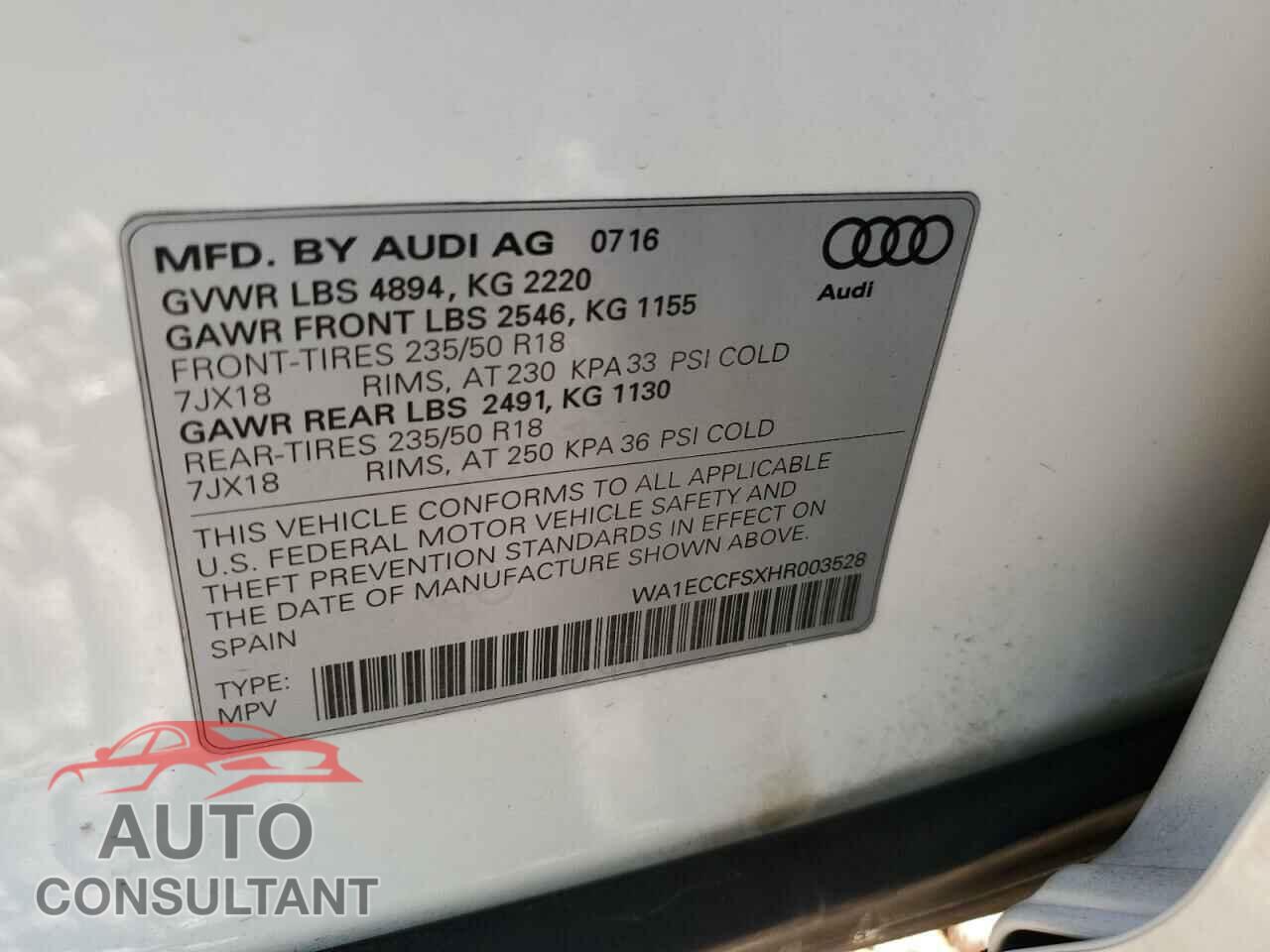 AUDI Q3 2017 - WA1ECCFSXHR003528