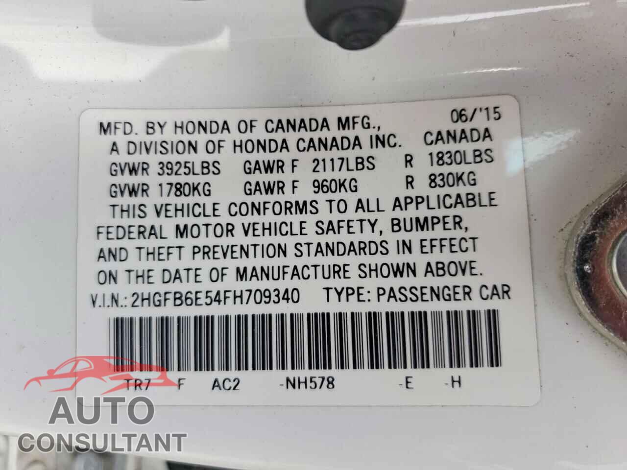 HONDA CIVIC 2015 - 2HGFB6E54FH709340