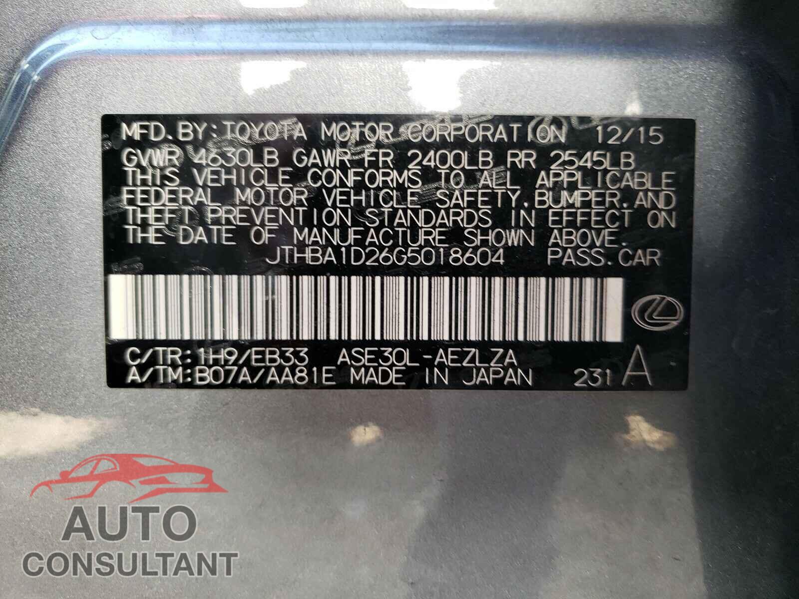 LEXUS IS 2016 - JTHBA1D26G5018604