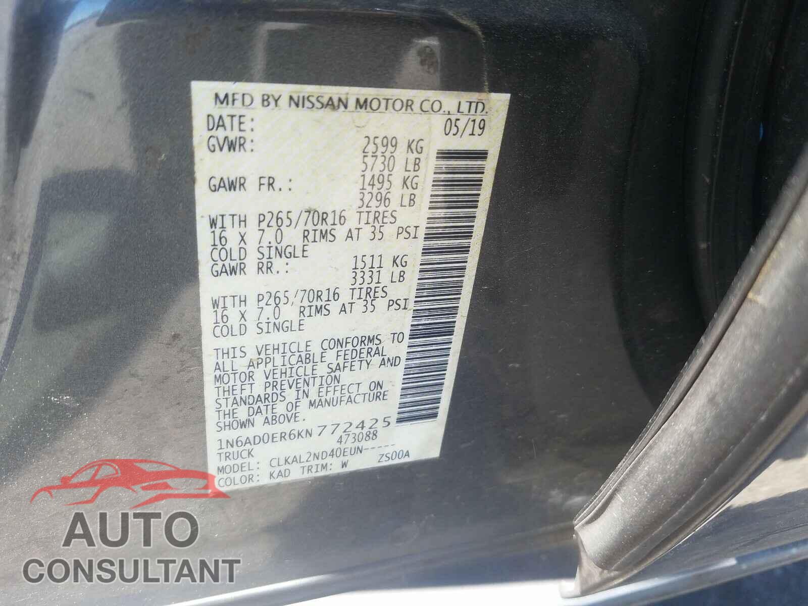 NISSAN FRONTIER 2019 - 1N6AD0ER6KN772425
