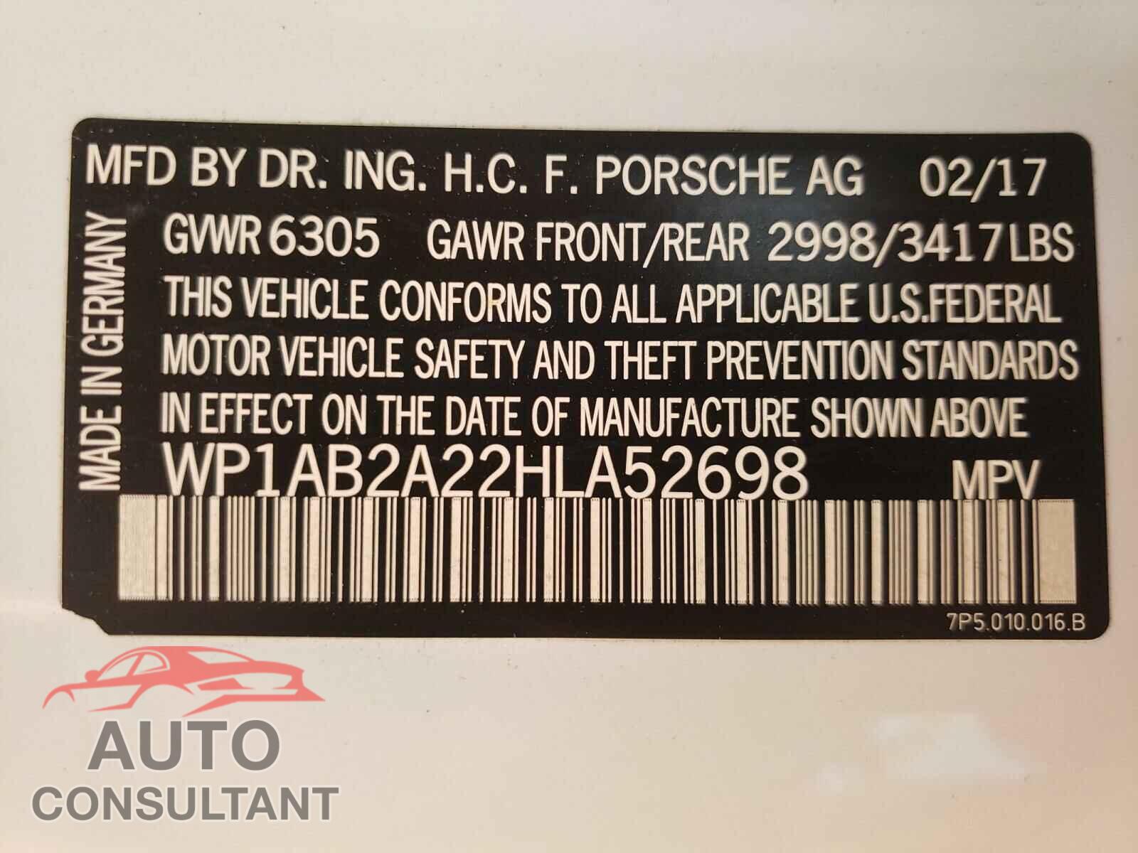 PORSCHE CAYENNE 2017 - WP1AB2A22HLA52698