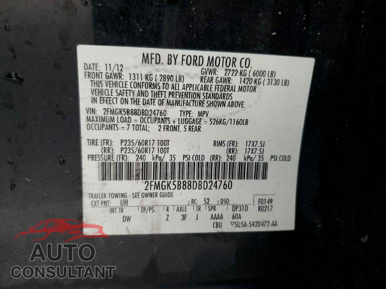 FORD FLEX 2013 - 2FMGK5B88DBD24760