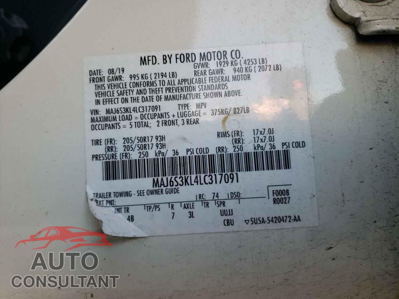 FORD ECOSPORT 2020 - MAJ6S3KL4LC317091
