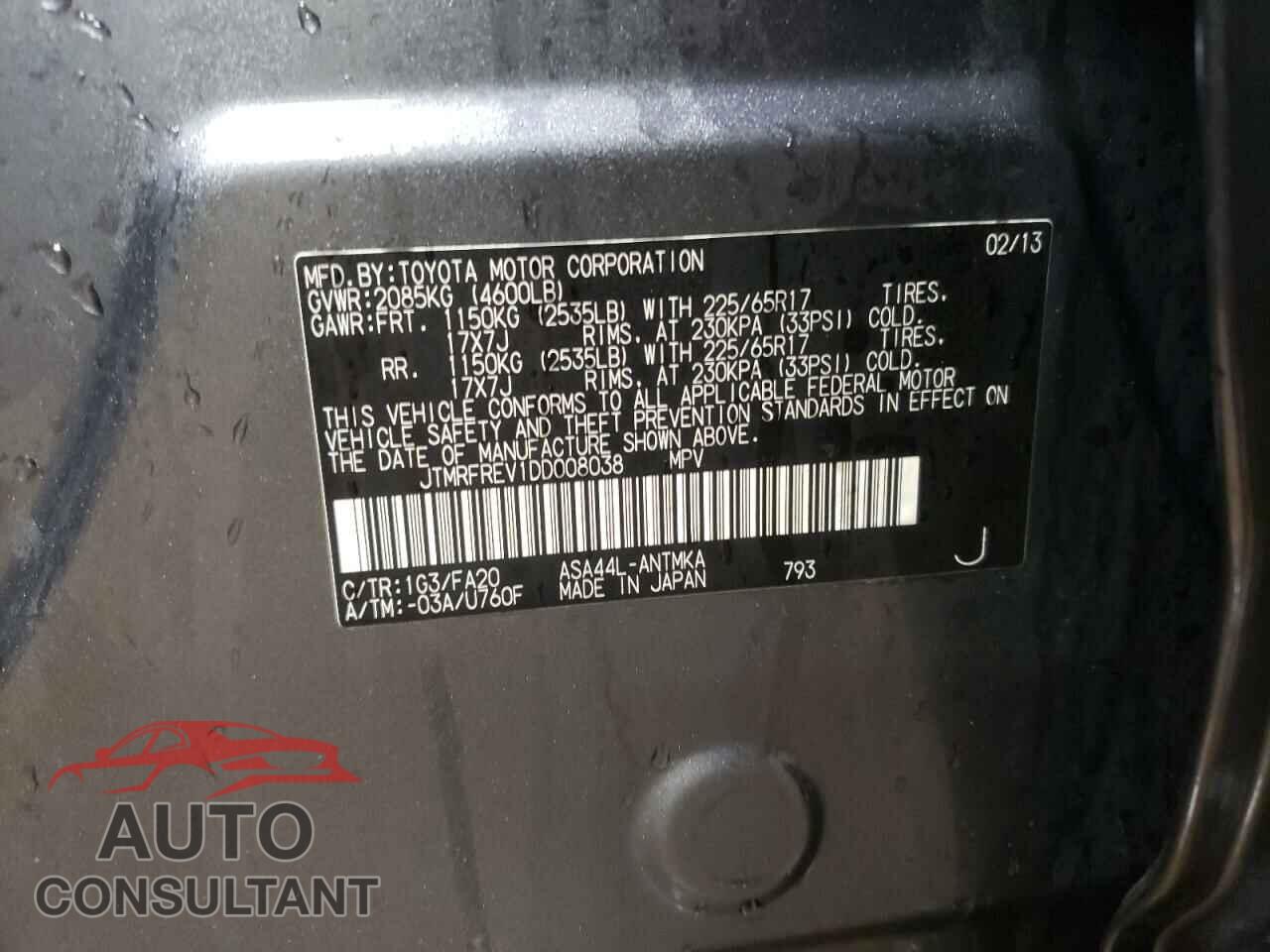 TOYOTA RAV4 2013 - JTMRFREV1DD008038