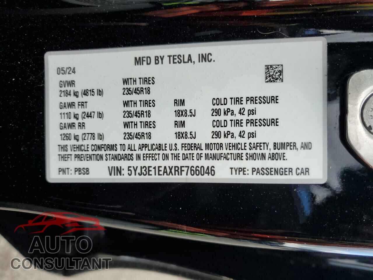 TESLA MODEL 3 2024 - 5YJ3E1EAXRF766046