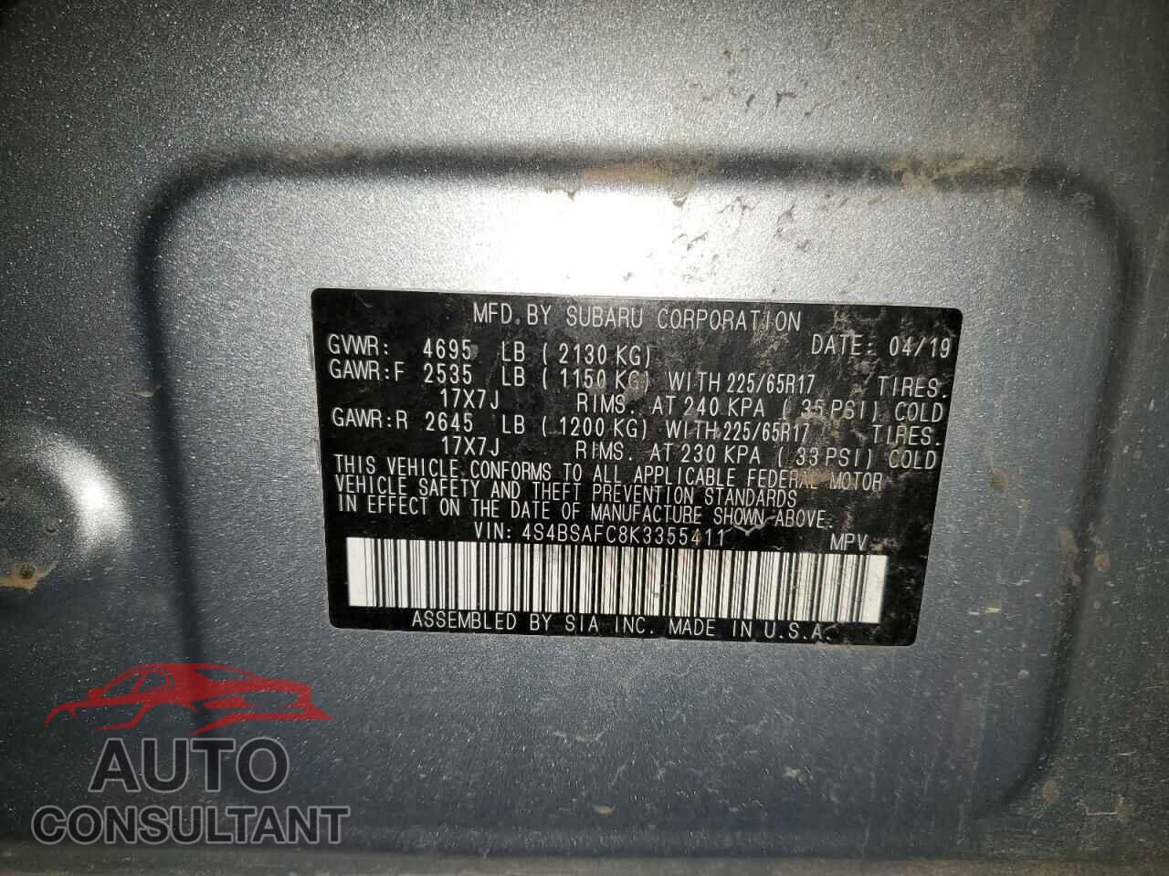 SUBARU OUTBACK 2019 - 4S4BSAFC8K3355411