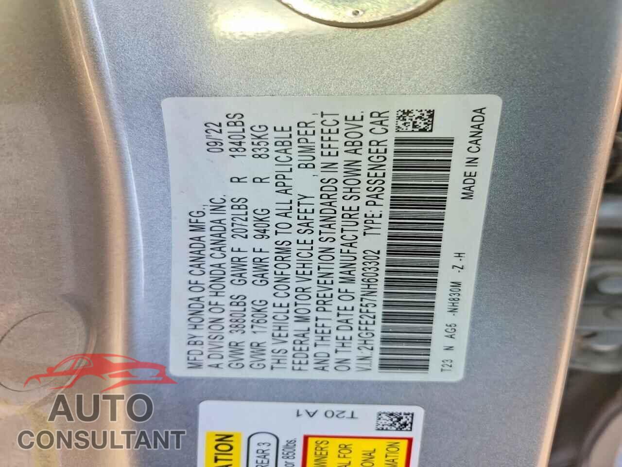 HONDA CIVIC 2022 - 2HGFE2F57NH603302