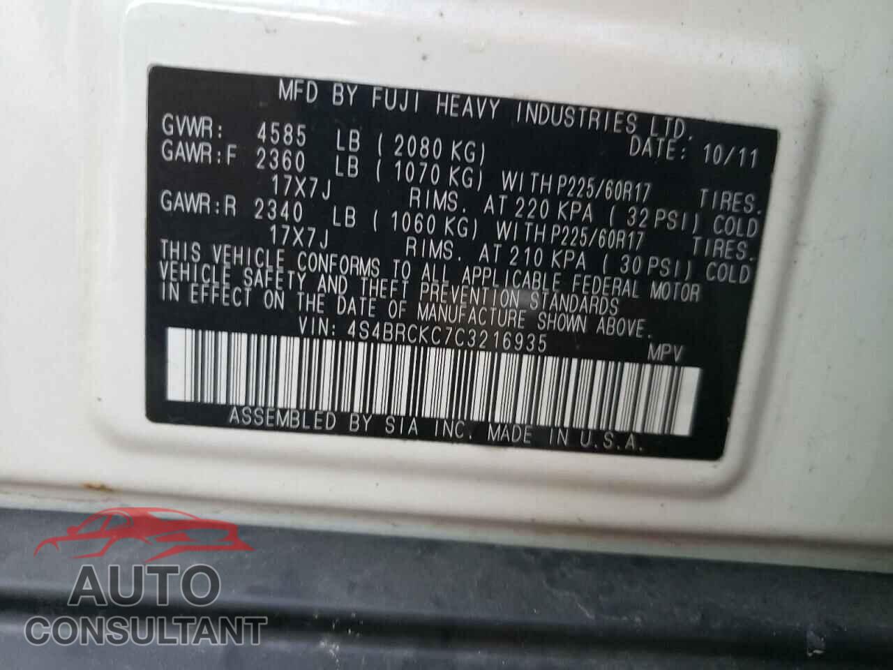 SUBARU OUTBACK 2012 - 4S4BRCKC7C3216935