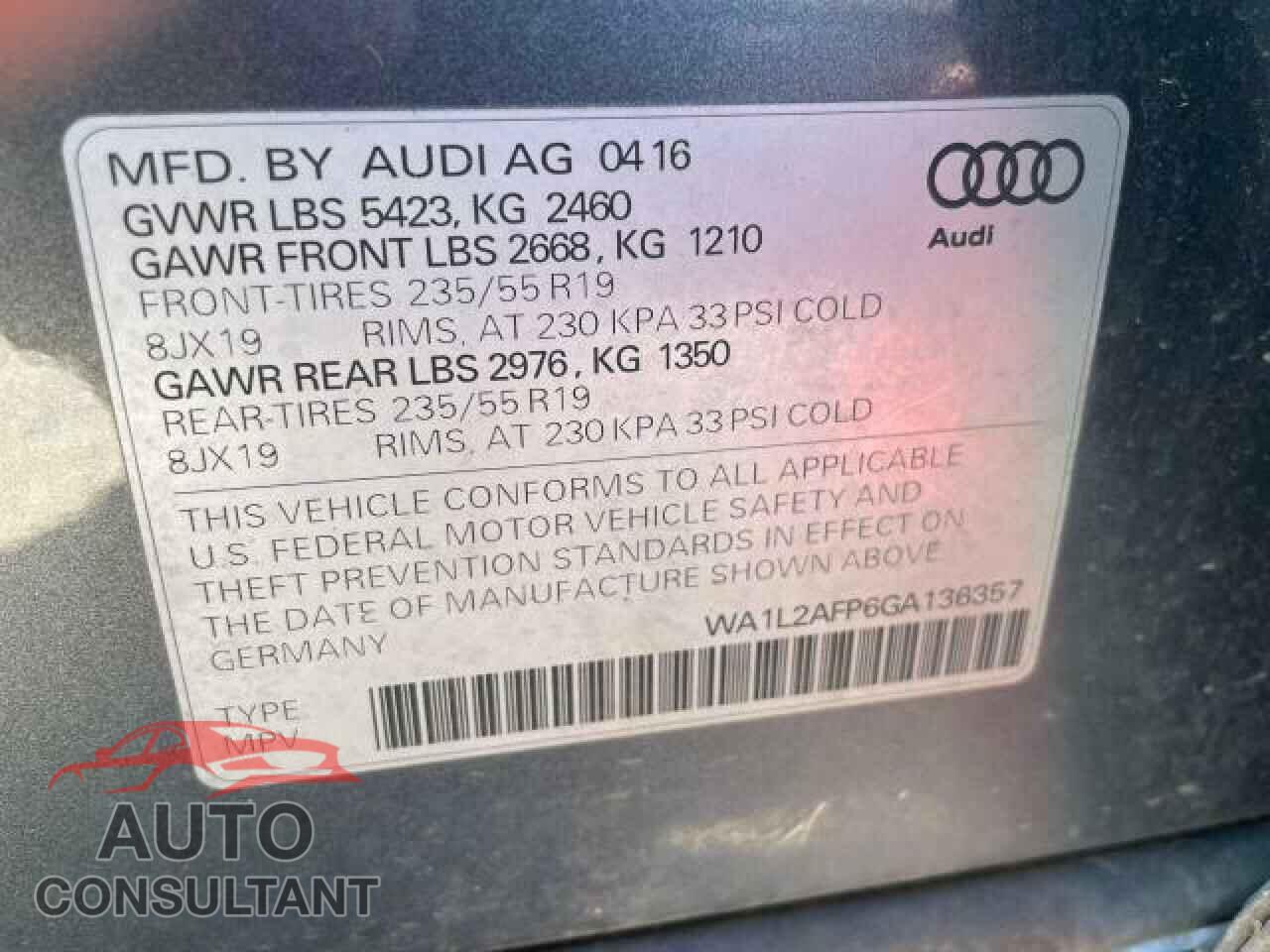 AUDI Q5 2016 - WA1L2AFP6GA136357