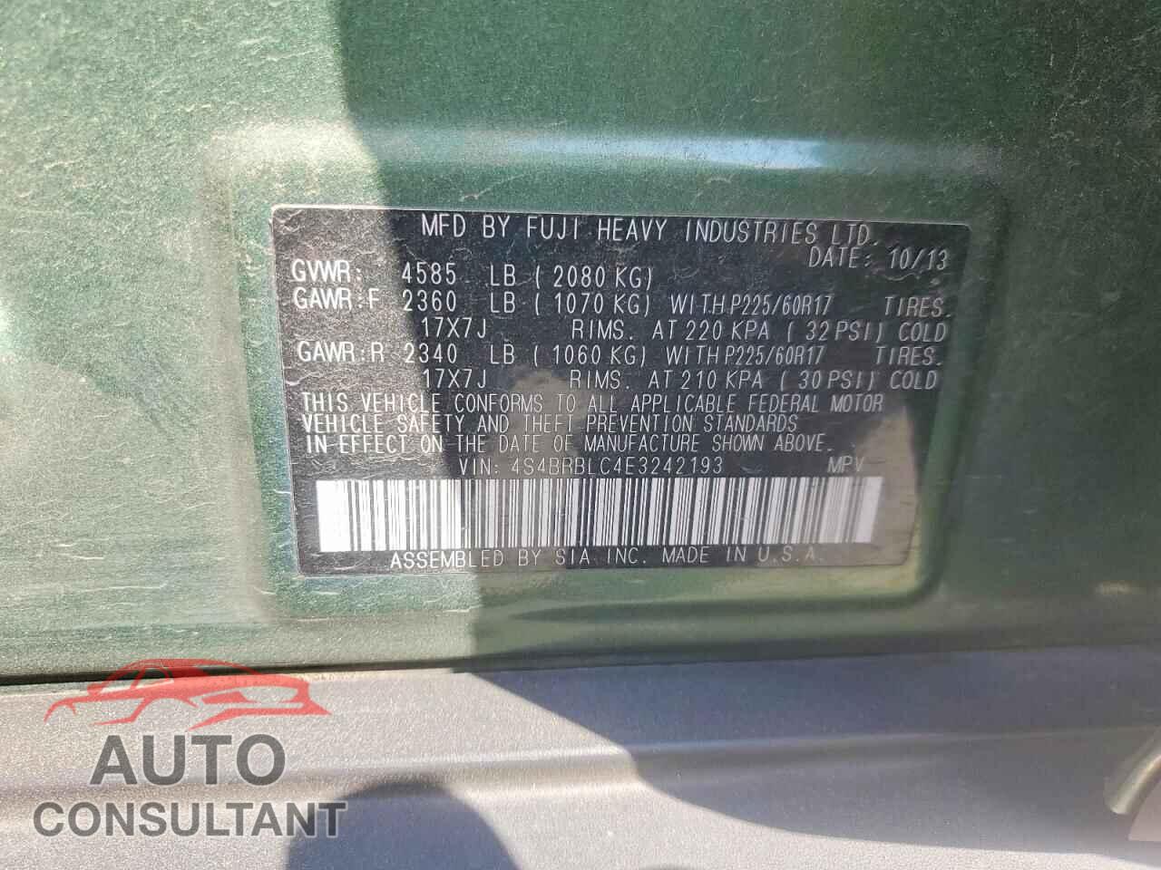 SUBARU OUTBACK 2014 - 4S4BRBLC4E3242193