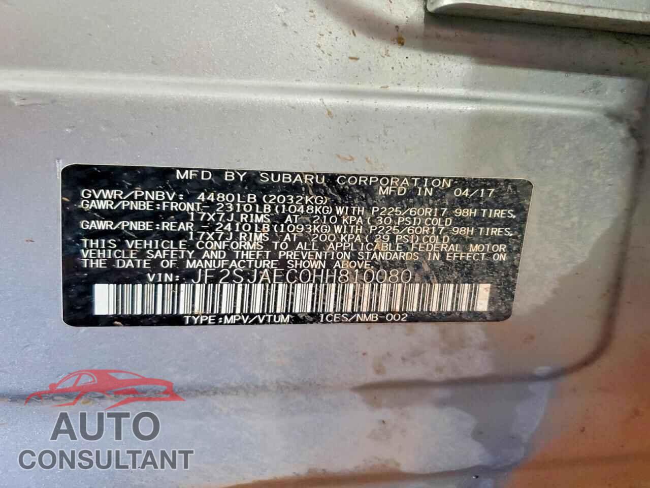 SUBARU FORESTER 2017 - JF2SJAEC0HH810080
