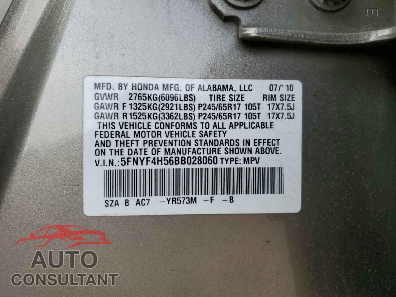 HONDA PILOT 2011 - 5FNYF4H56BB028060