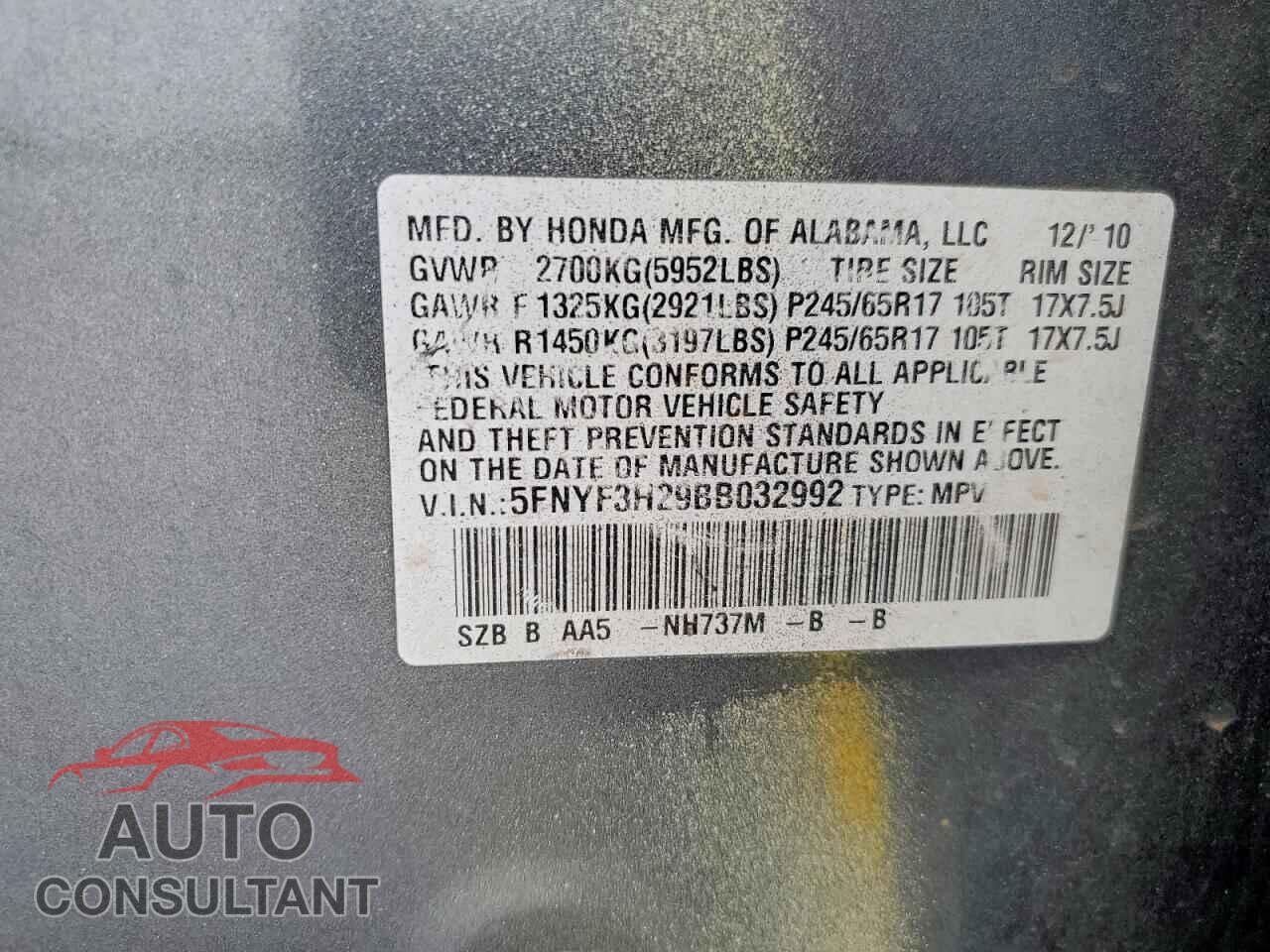 HONDA PILOT 2011 - 5FNYF3H29BB032992