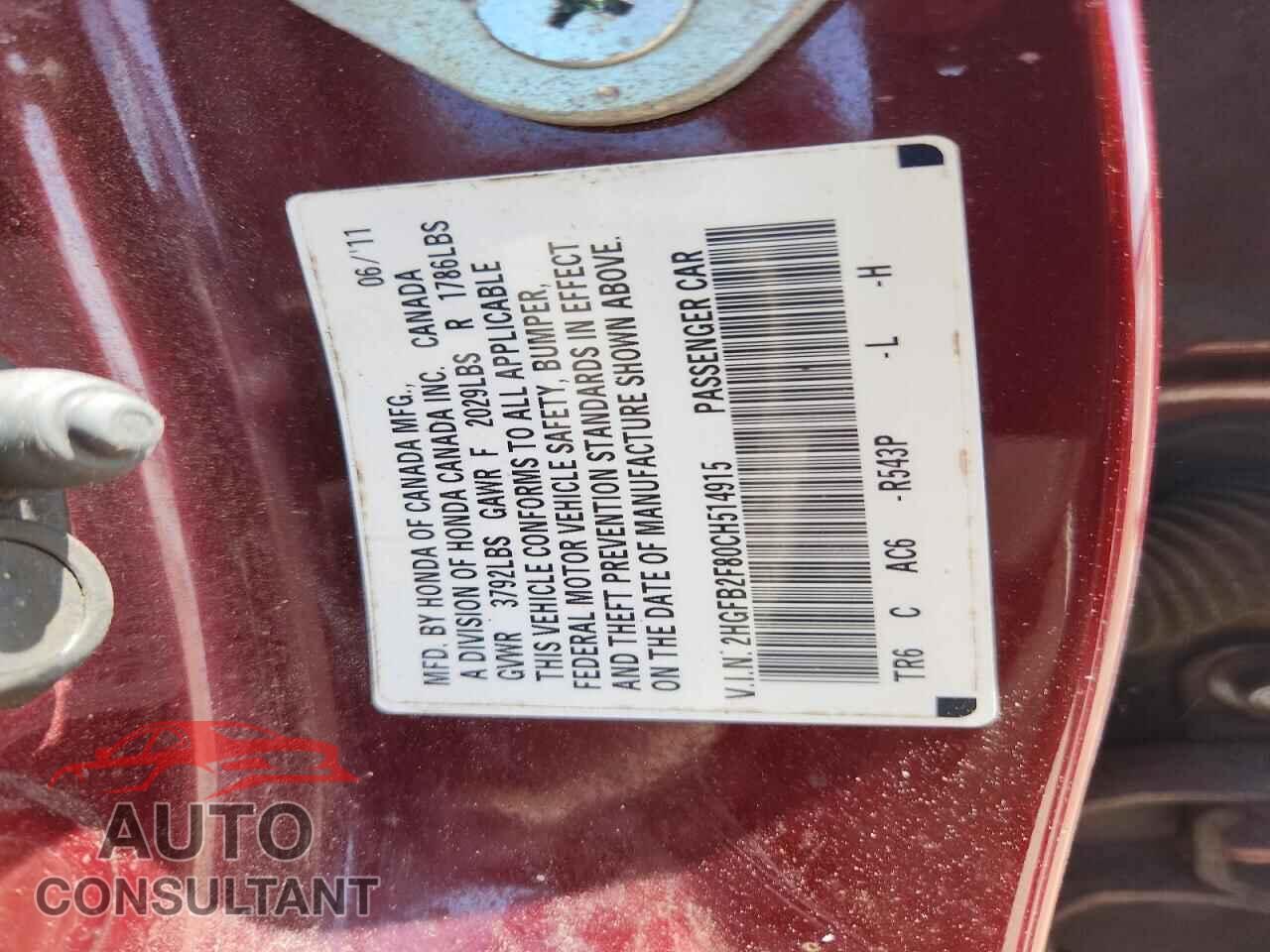 HONDA CIVIC 2012 - 2HGFB2F80CH514915