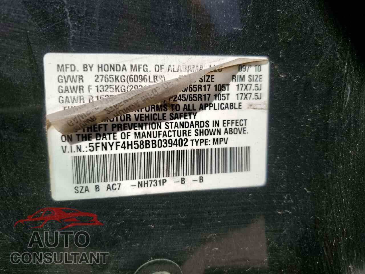 HONDA PILOT 2011 - 5FNYF4H58BB039402