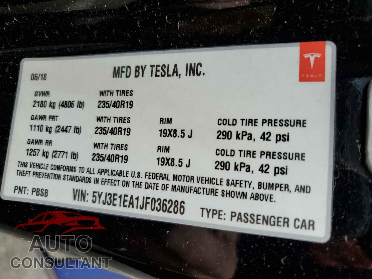 TESLA MODEL 3 2018 - 5YJ3E1EA1JF036286