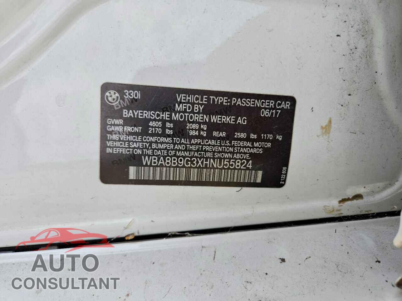 BMW 3 SERIES 2017 - WBA8B9G3XHNU55824