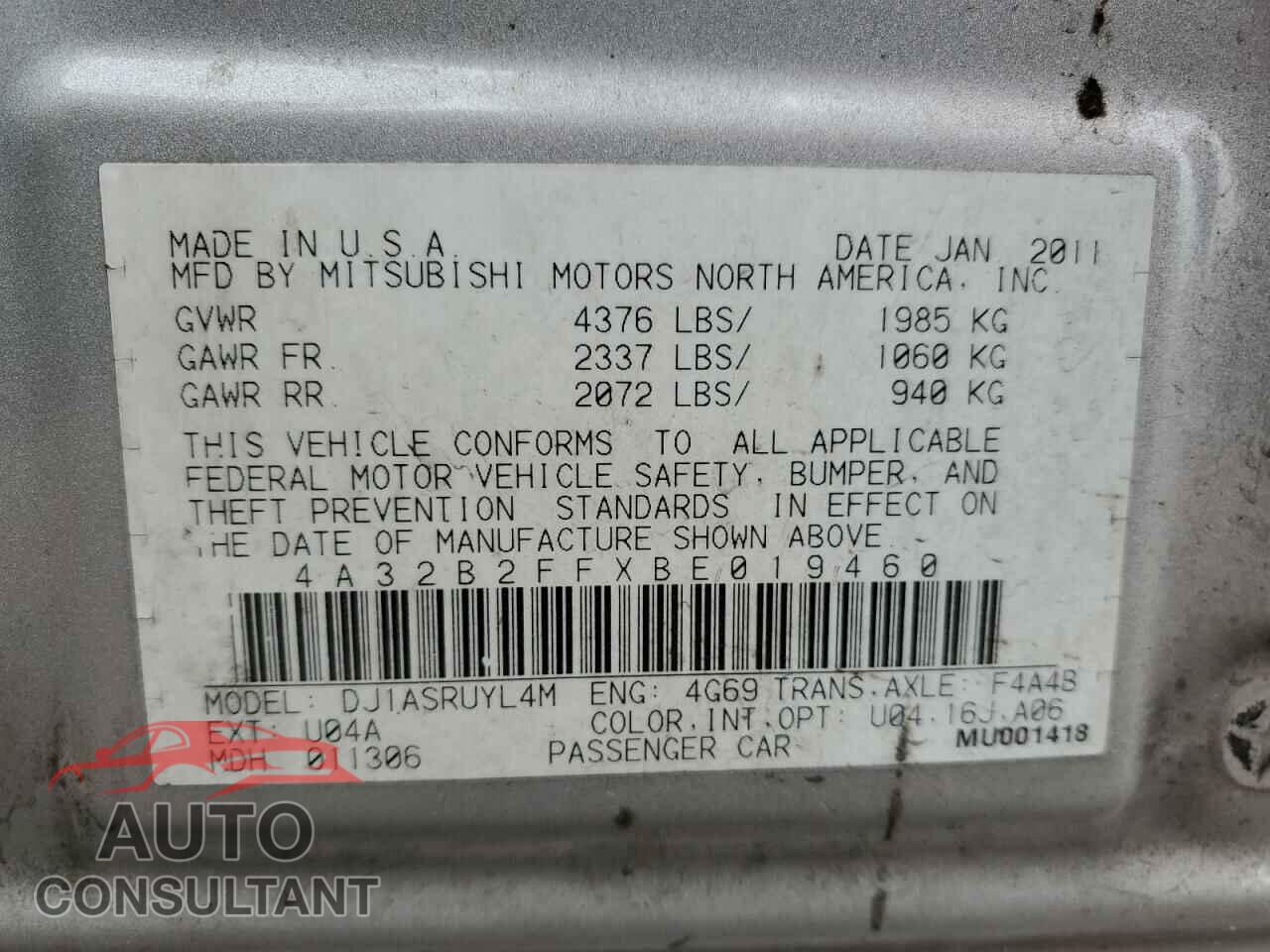 MITSUBISHI GALANT 2011 - 4A32B2FFXBE019460