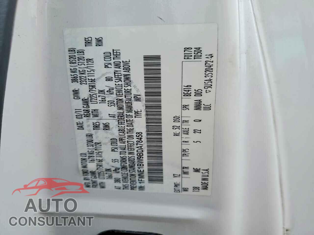 FORD ECONOLINE 2011 - 1FMNE1BW9BDA78458