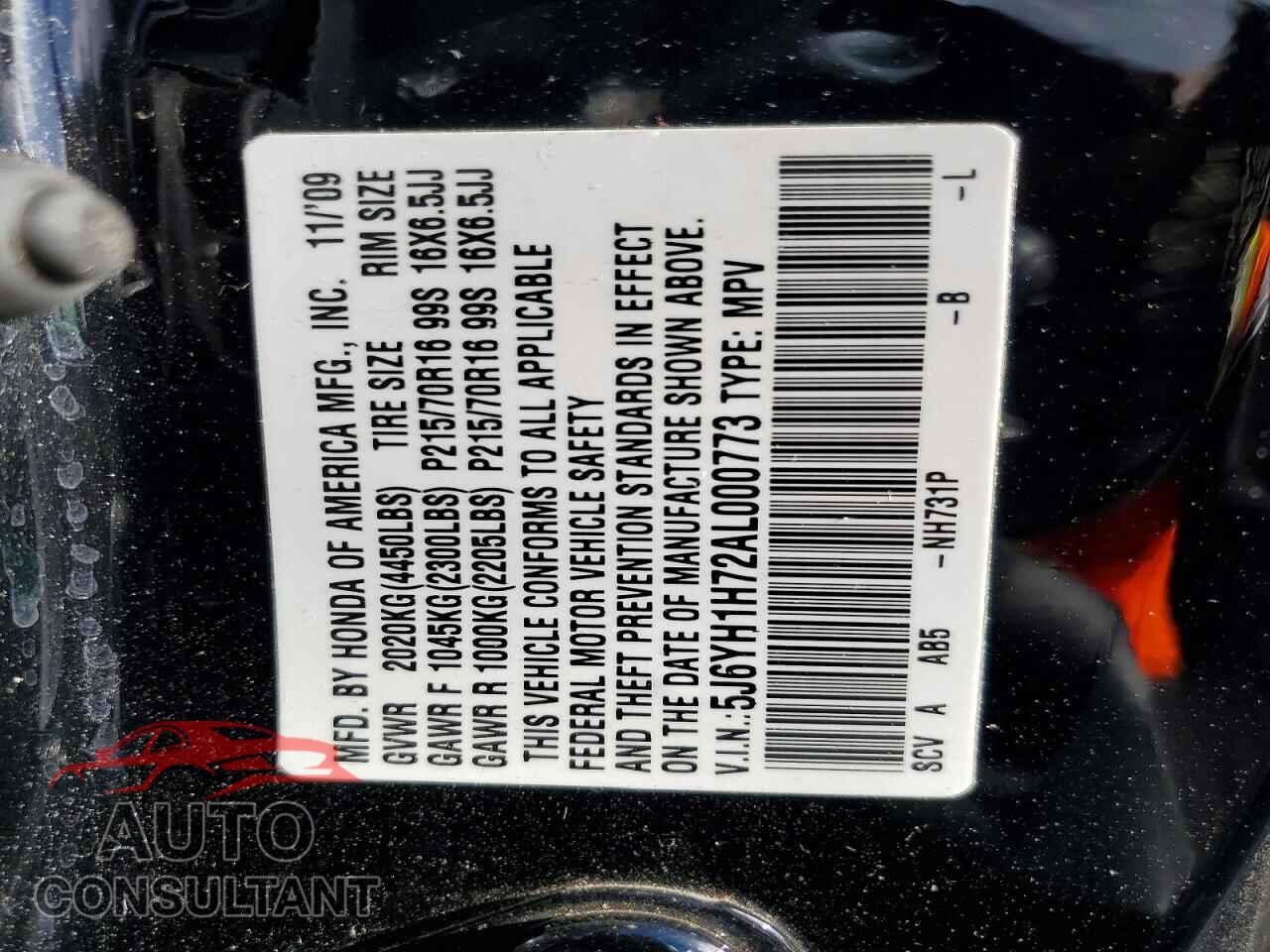 HONDA ELEMENT 2010 - 5J6YH1H72AL000773