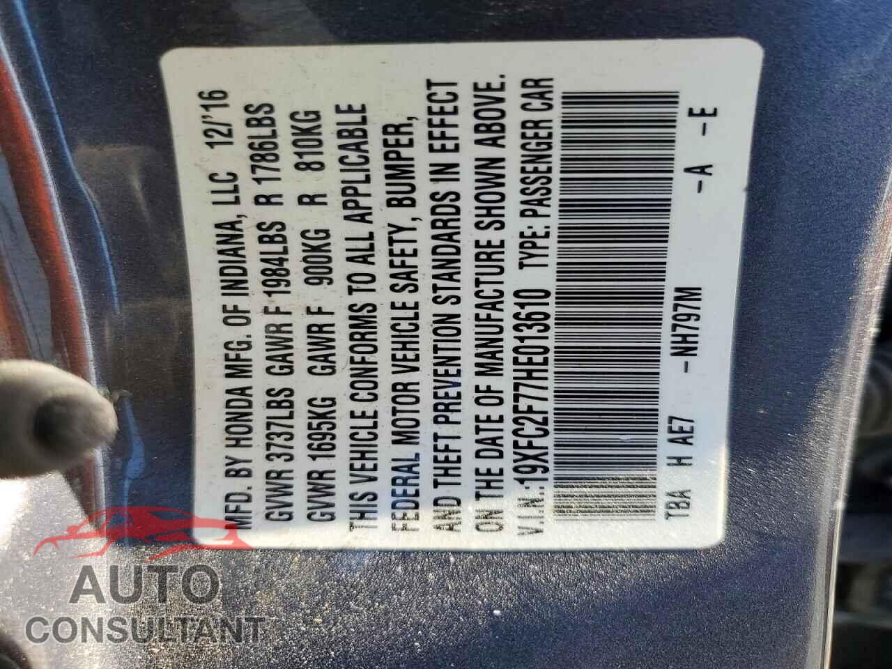 HONDA CIVIC 2017 - 19XFC2F77HE013610