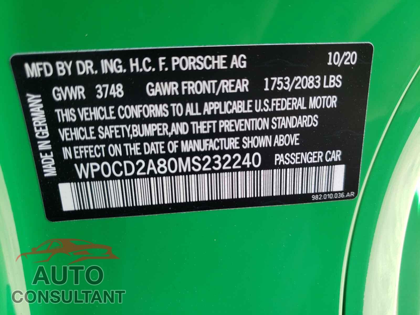 PORSCHE BOXSTER 2021 - WP0CD2A80MS232240