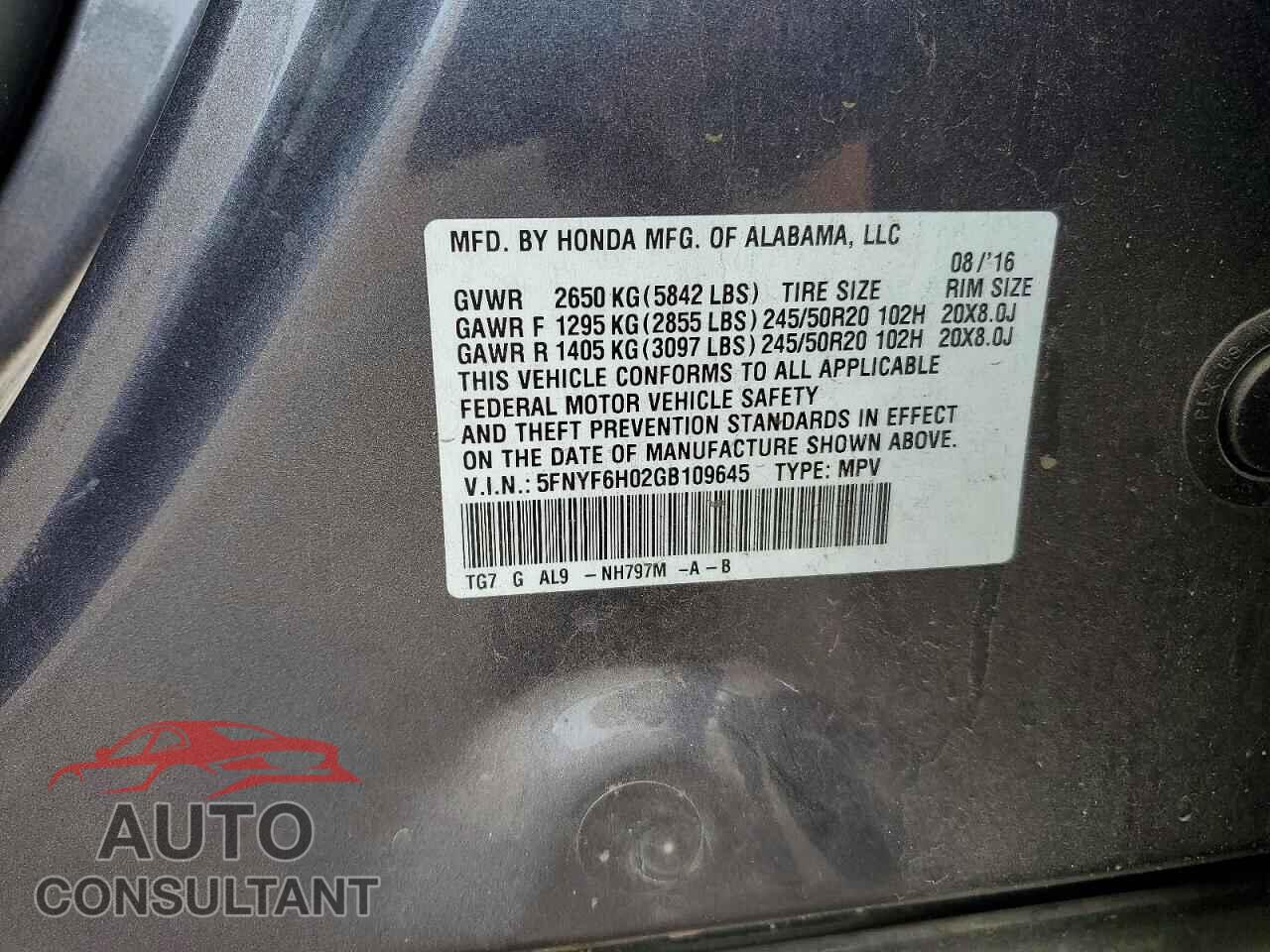HONDA PILOT 2016 - 5FNYF6H02GB109645