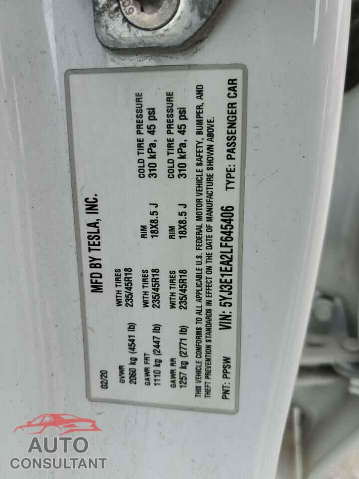TESLA MODEL 3 2020 - 5YJ3E1EA2LF645406