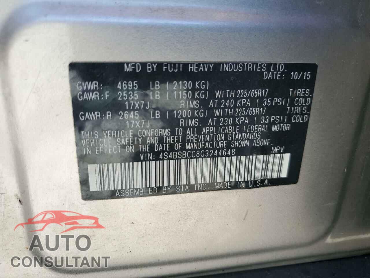 SUBARU OUTBACK 2016 - 4S4BSBCC8G3244648