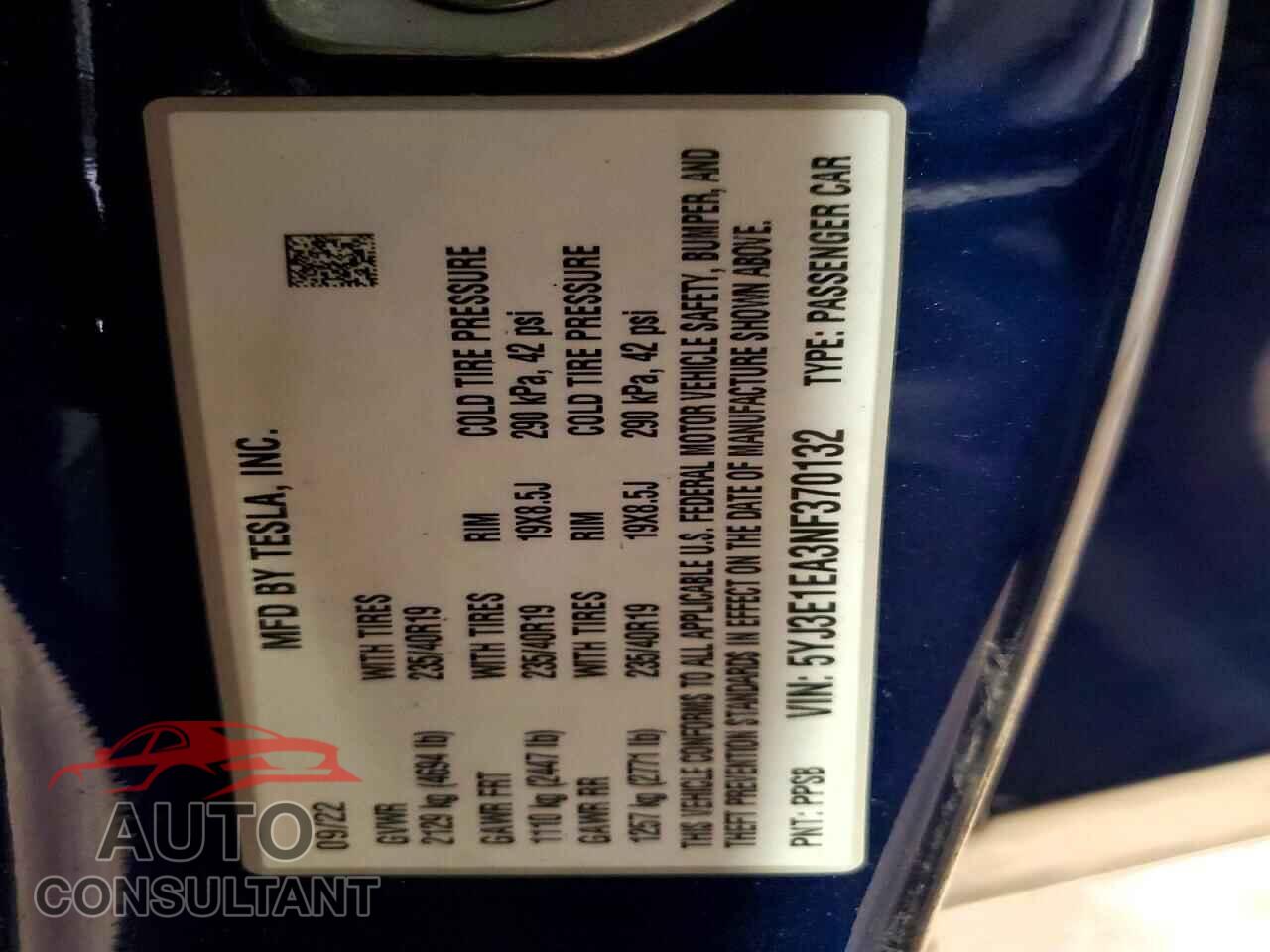 TESLA MODEL 3 2022 - 5YJ3E1EA3NF370132