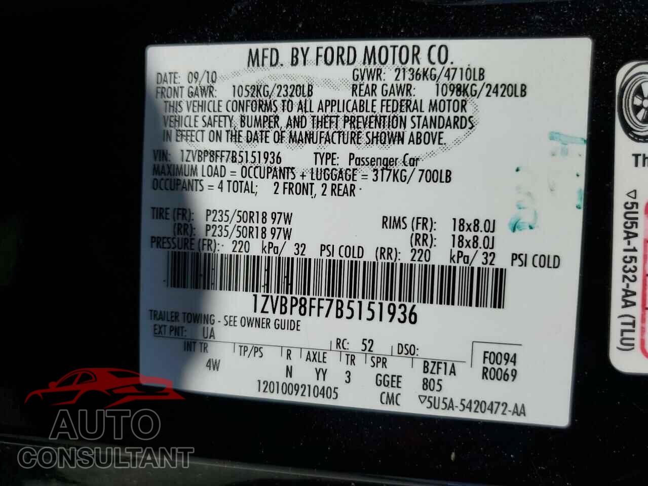 FORD MUSTANG 2011 - 1ZVBP8FF7B5151936