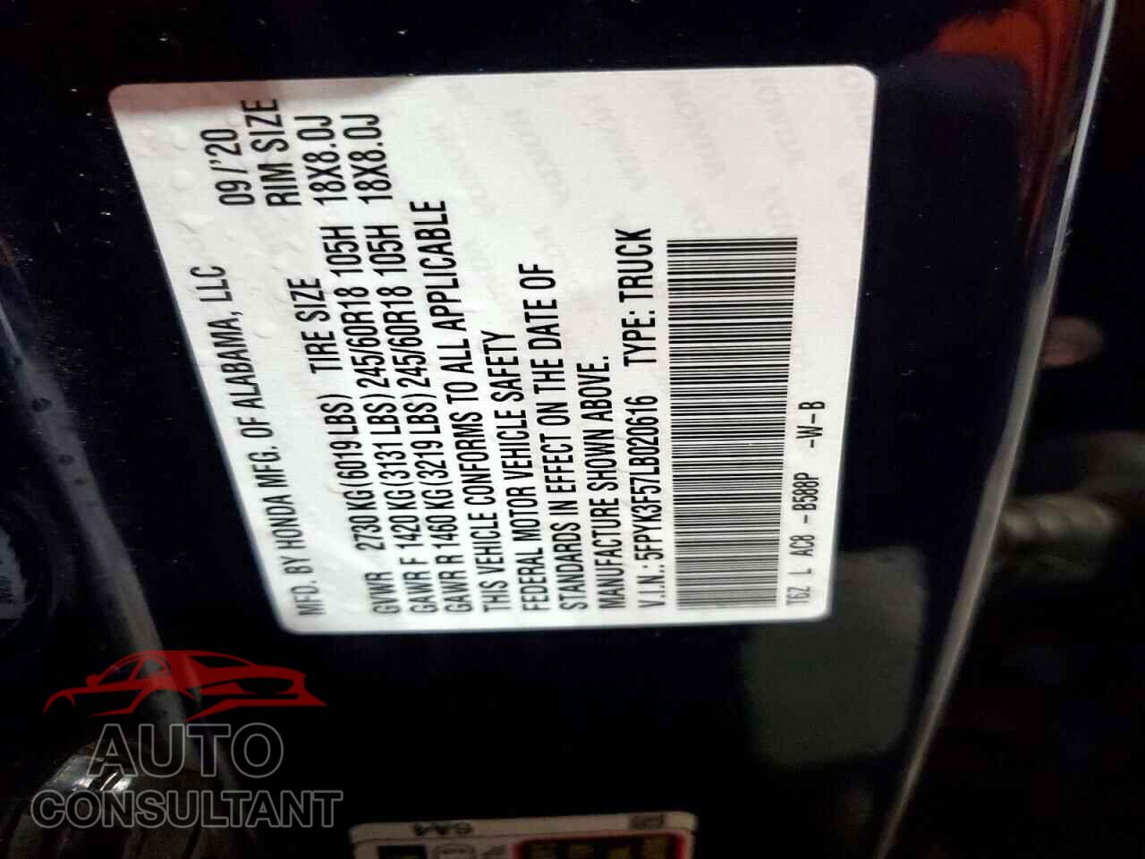 HONDA RIDGELINE 2020 - 5FPYK3F57LB020616