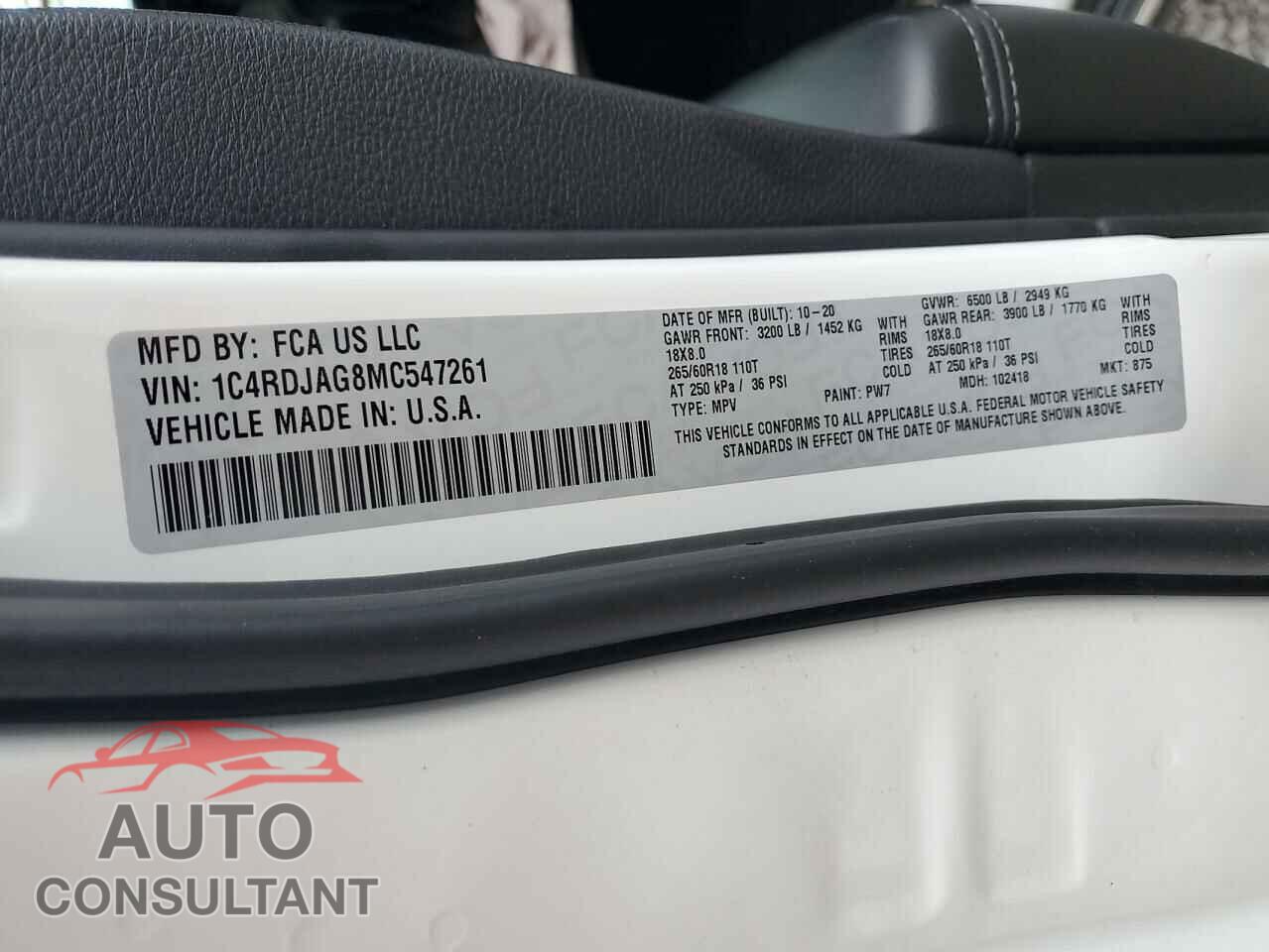 DODGE DURANGO 2021 - 1C4RDJAG8MC547261