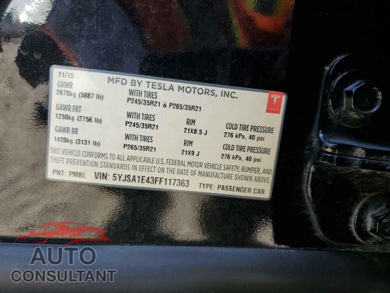 TESLA MODEL S 2015 - 5YJSA1E43FF117363