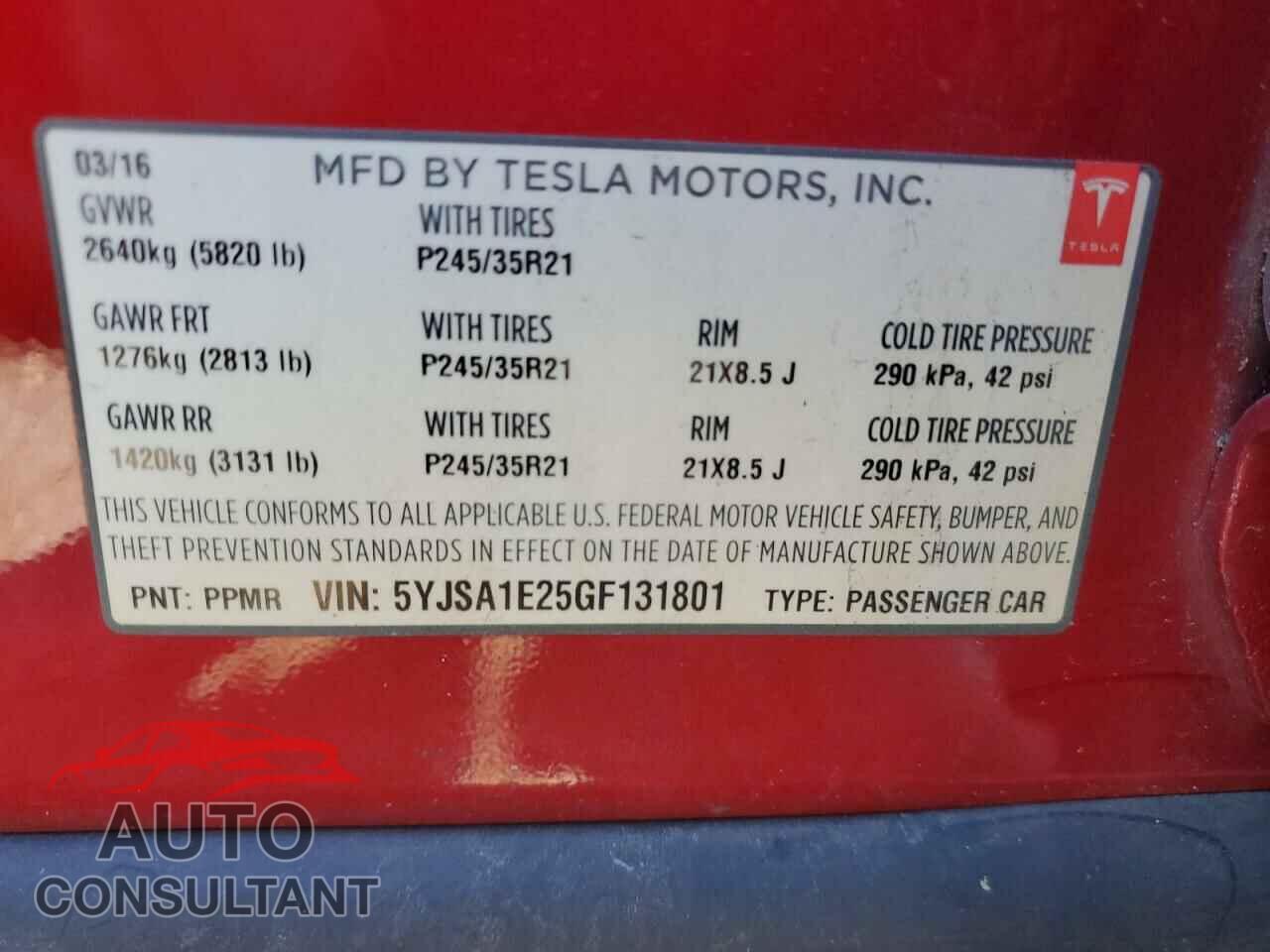 TESLA MODEL S 2016 - 5YJSA1E25GF131801