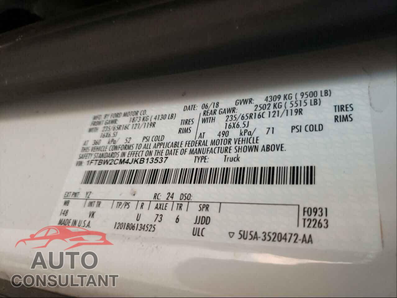 FORD TRANSIT CO 2018 - 1FTBW2CM4JKB13537
