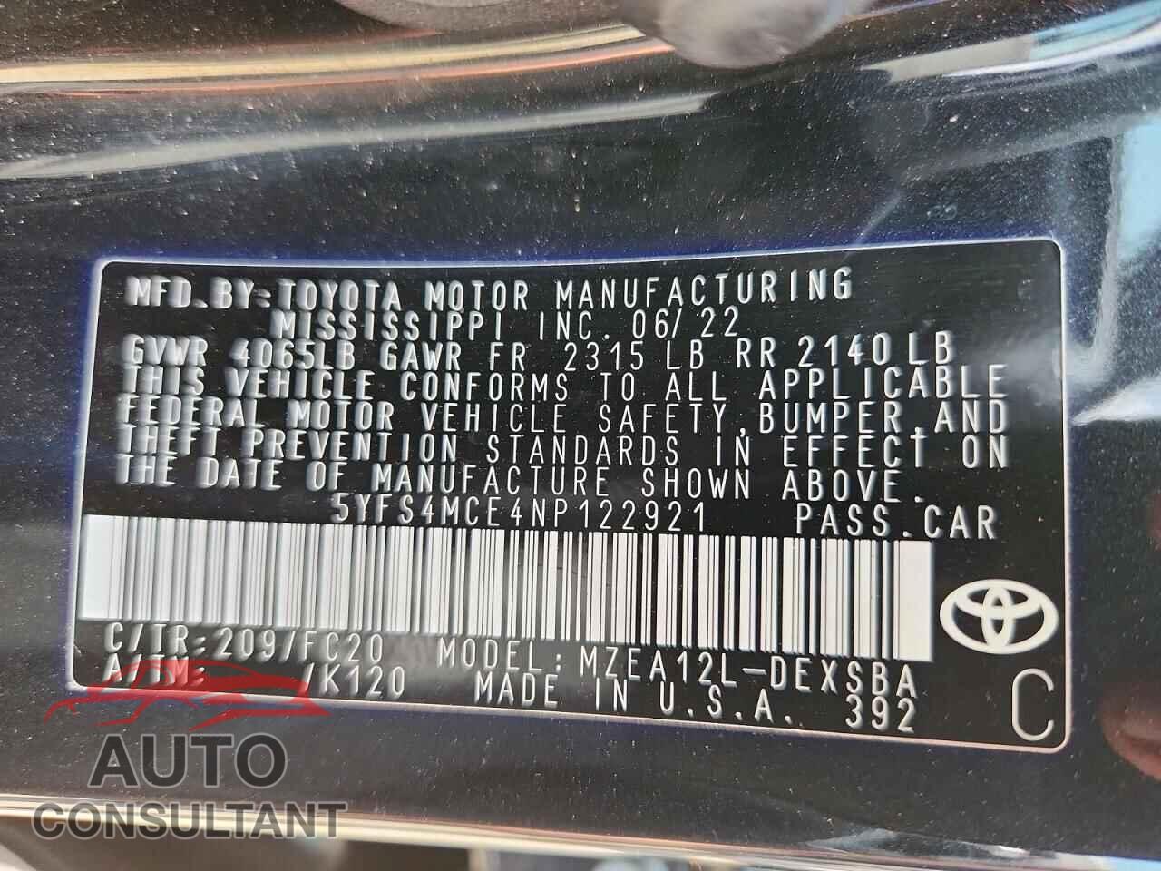TOYOTA COROLLA 2022 - 5YFS4MCE4NP122921