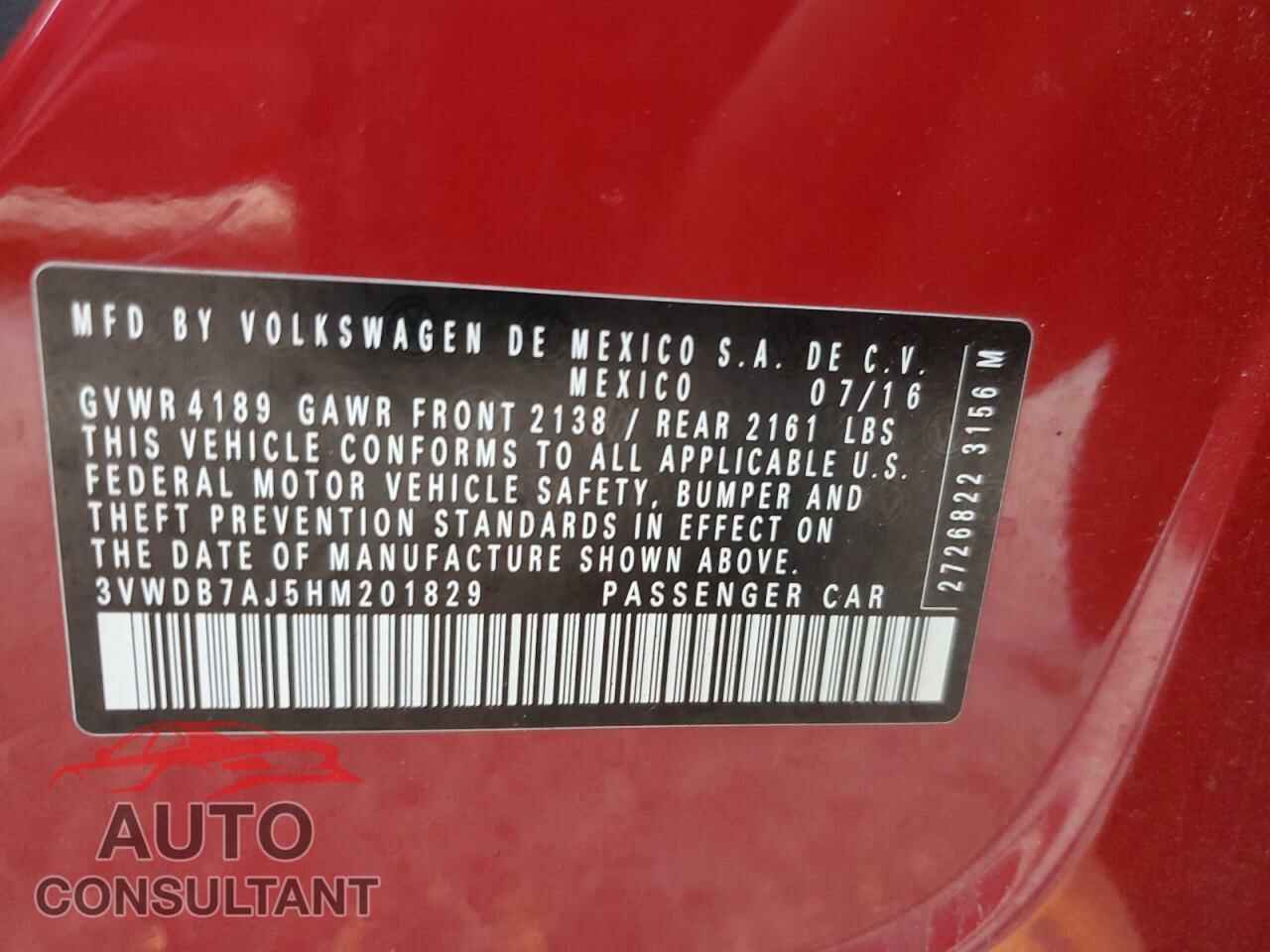 VOLKSWAGEN JETTA 2017 - 3VWDB7AJ5HM201829