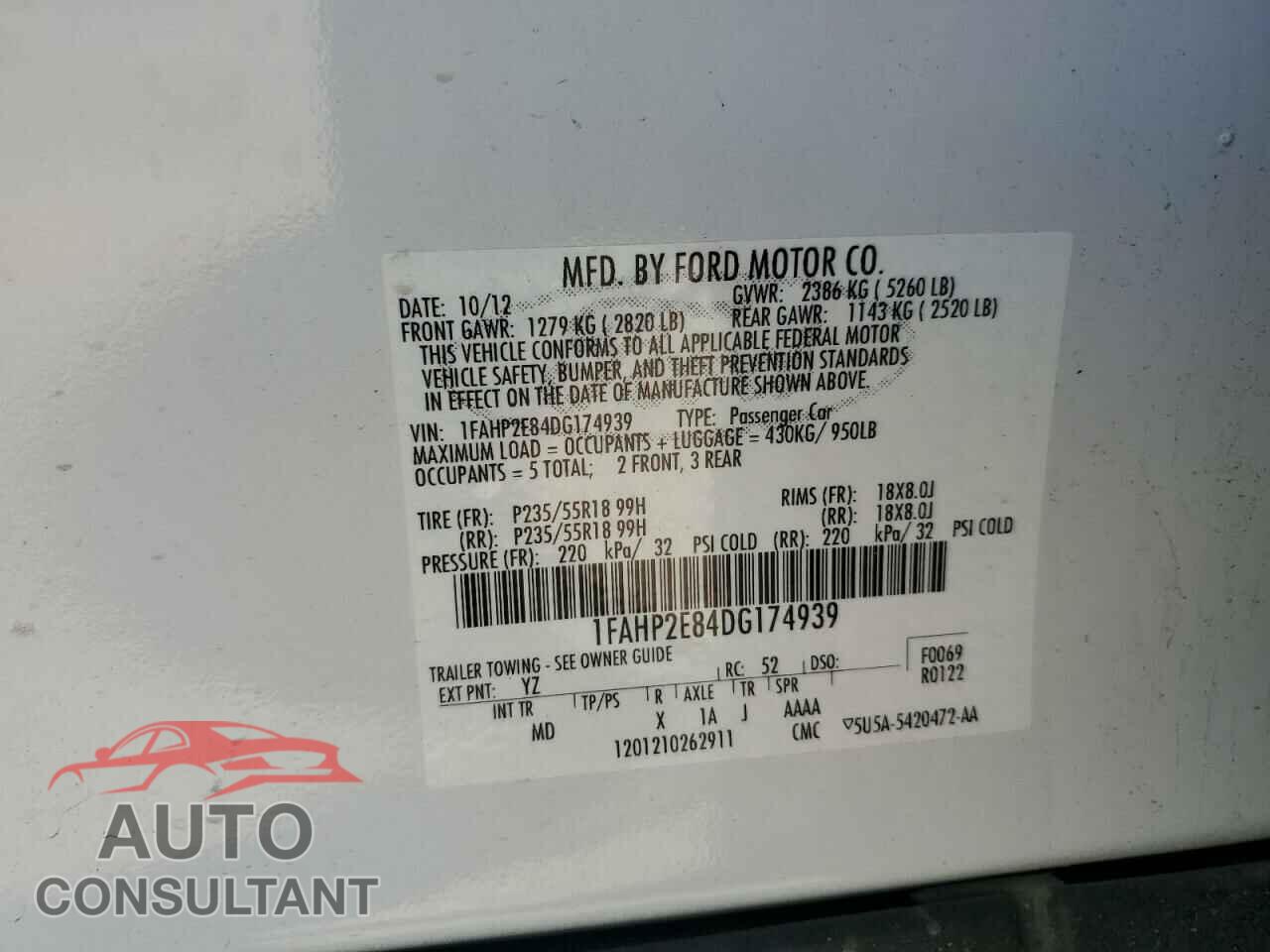 FORD TAURUS 2013 - 1FAHP2E84DG174939