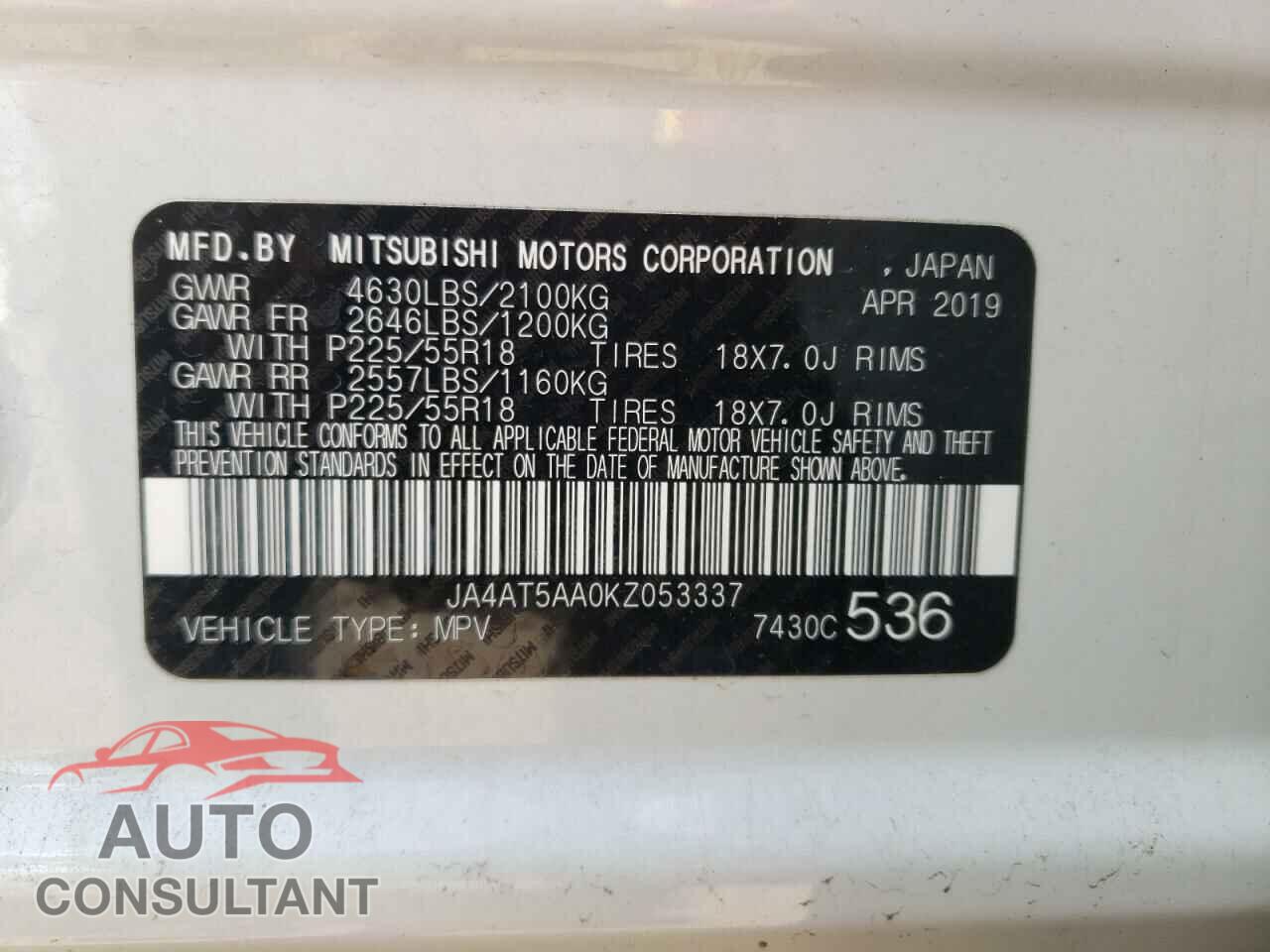 MITSUBISHI ECLIPSE 2019 - JA4AT5AA0KZ053337