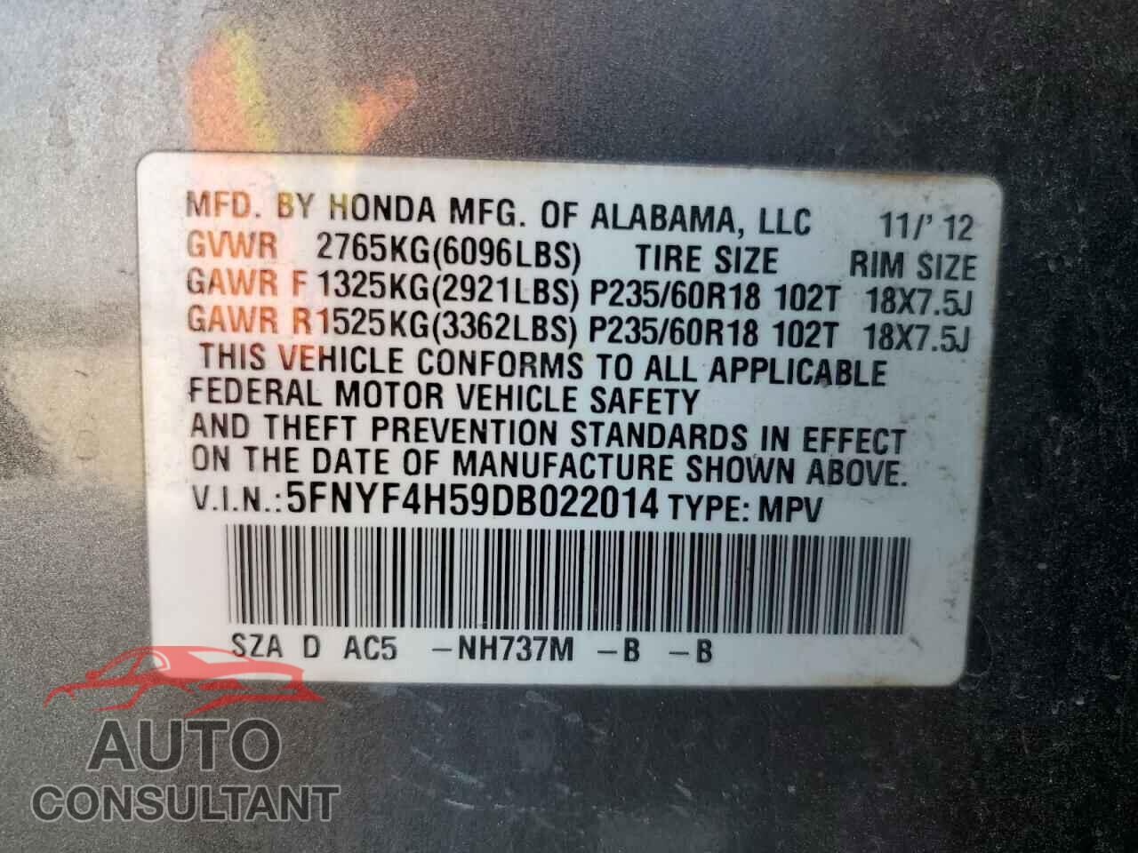 HONDA PILOT 2013 - 5FNYF4H59DB022014