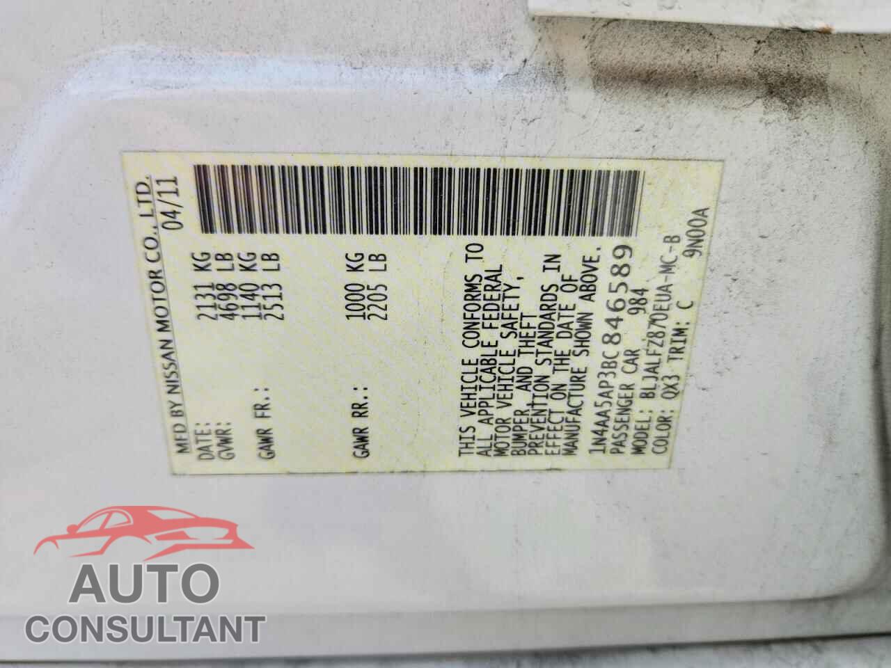 NISSAN MAXIMA 2011 - 1N4AA5AP3BC846589