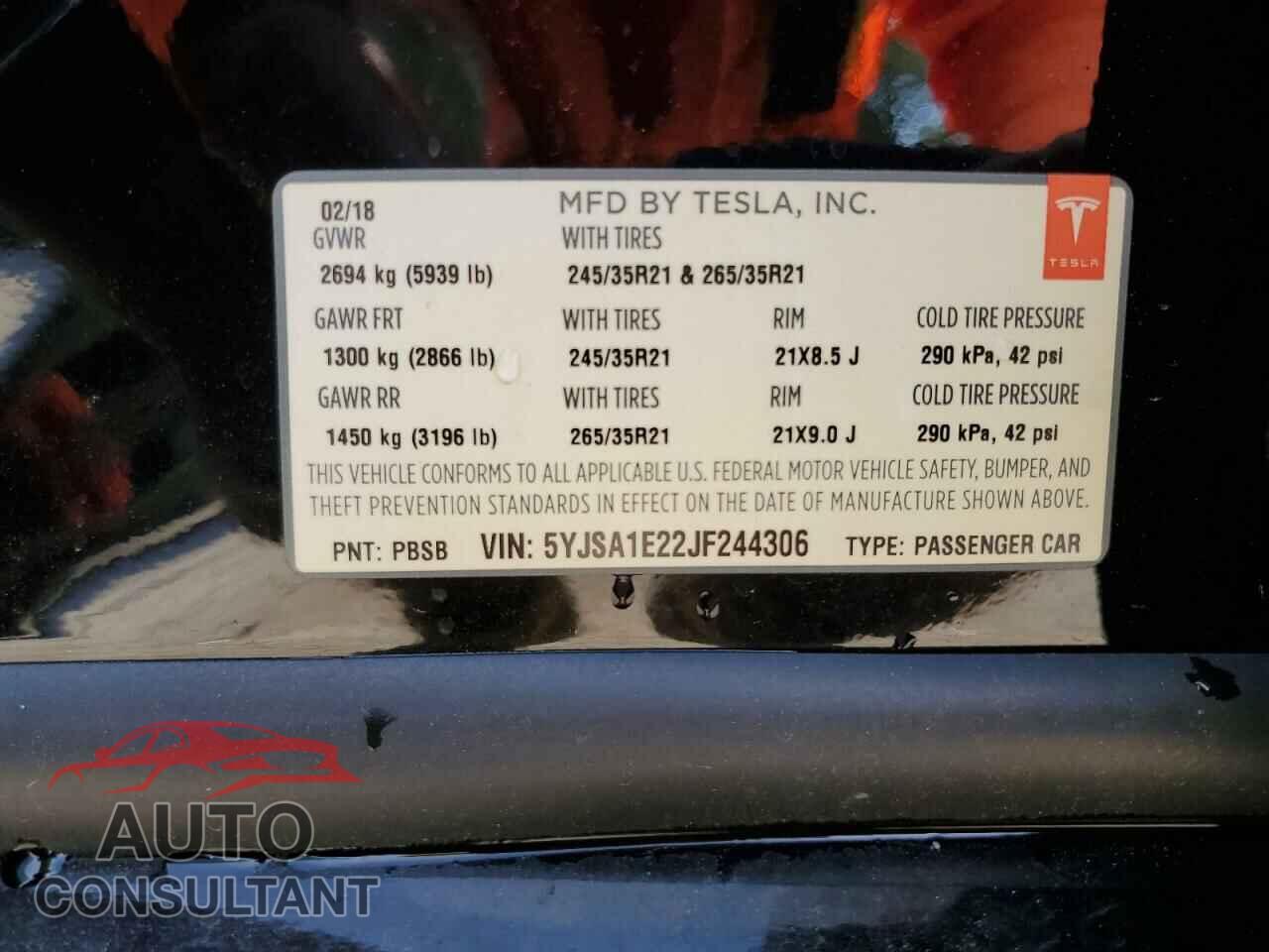 TESLA MODEL S 2018 - 5YJSA1E22JF244306