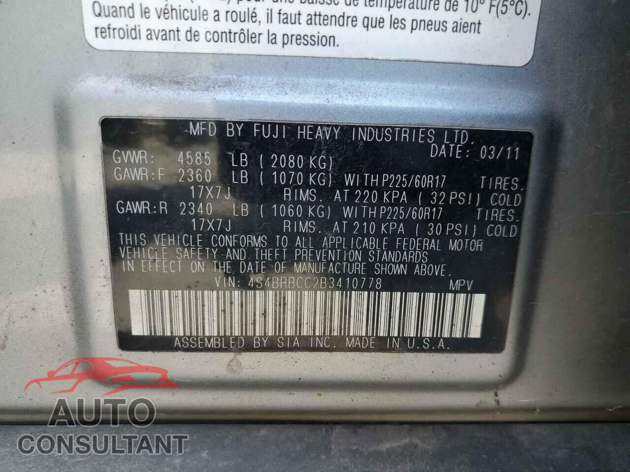 SUBARU OUTBACK 2011 - 4S4BRBCC2B3410778