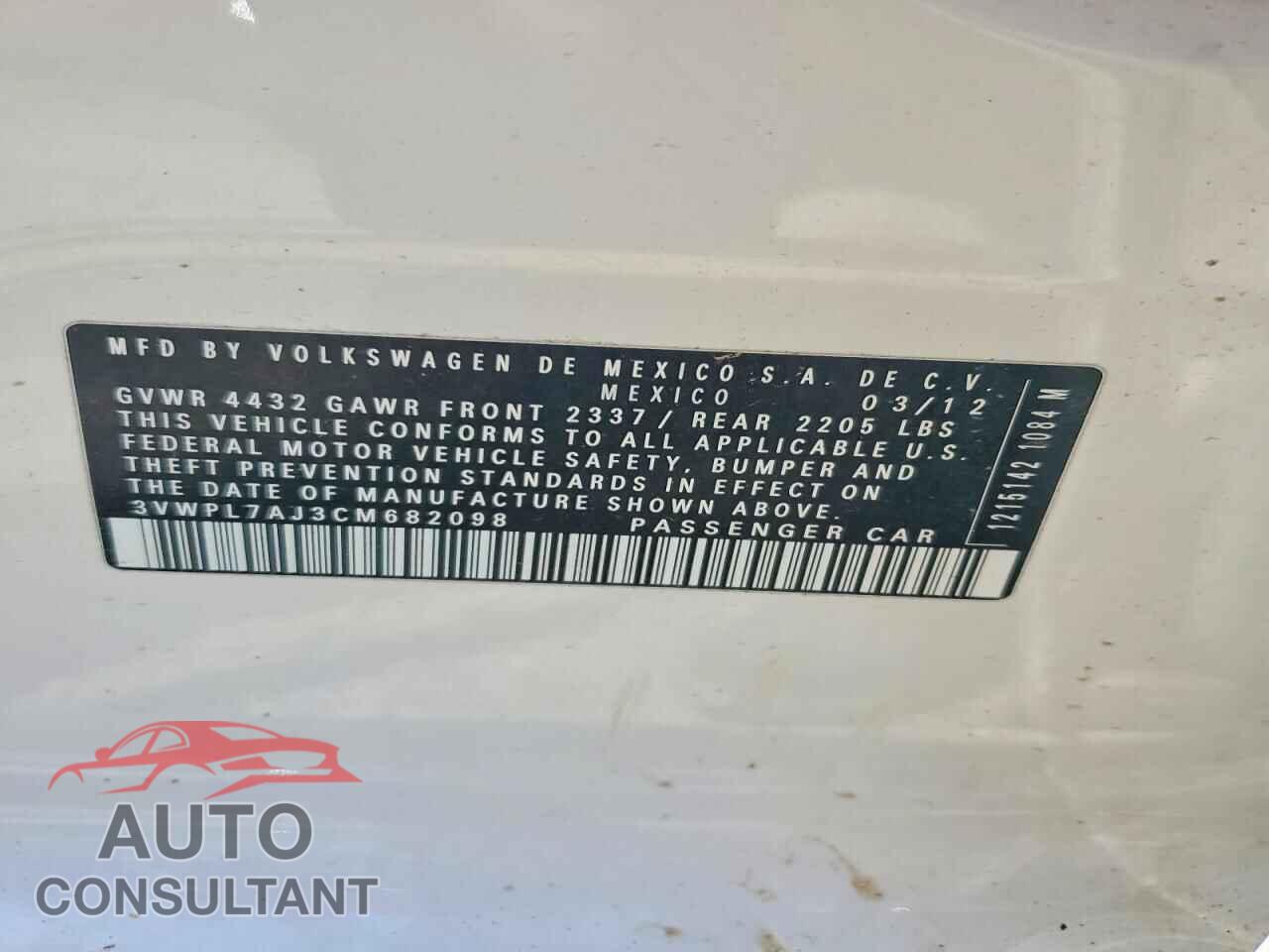 VOLKSWAGEN JETTA 2012 - 3VWPL7AJ3CM682098