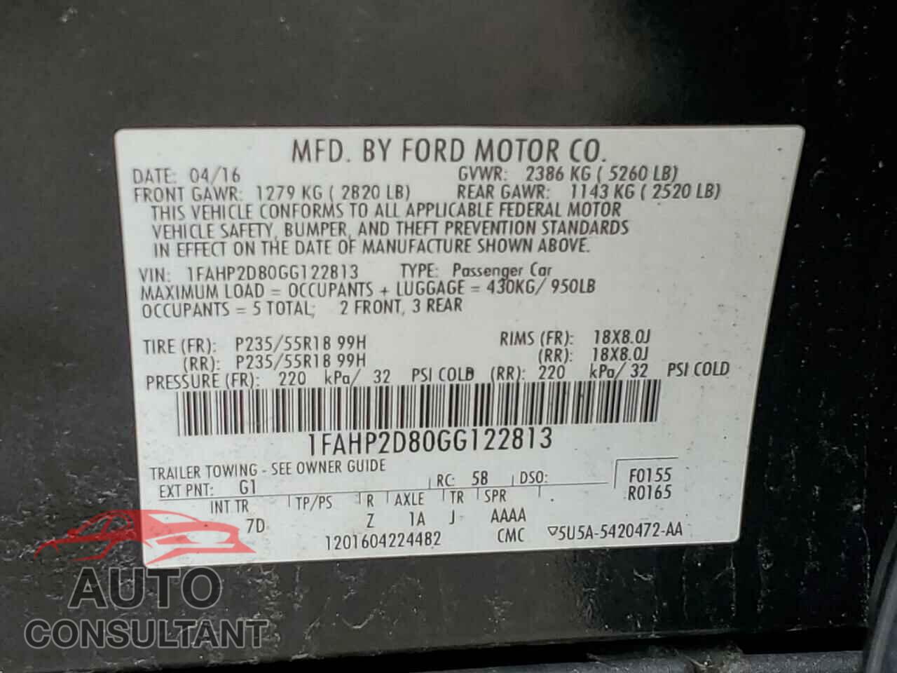 FORD TAURUS 2016 - 1FAHP2D80GG122813