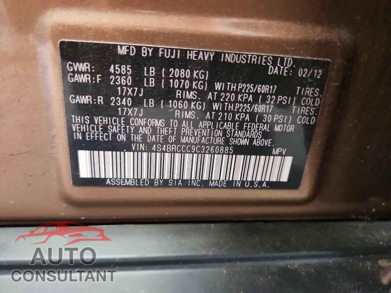 SUBARU OUTBACK 2012 - 4S4BRCCC9C3260885