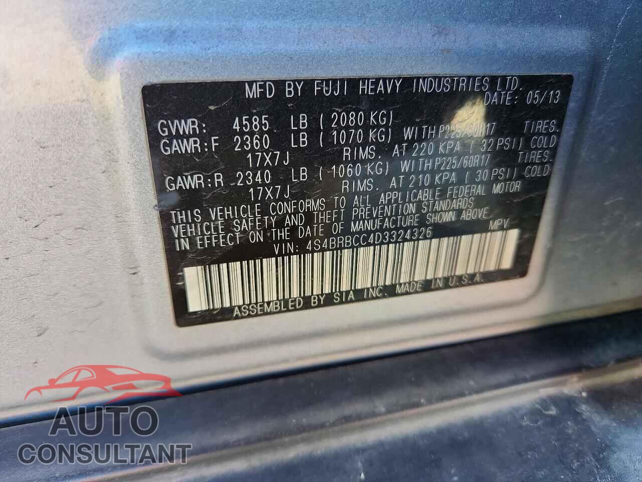 SUBARU OUTBACK 2013 - 4S4BRBCC4D3324326
