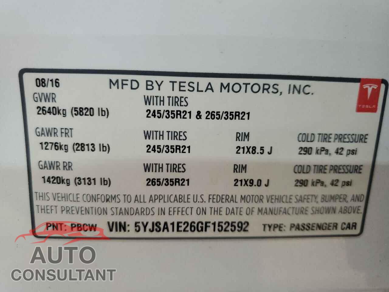 TESLA MODEL S 2016 - 5YJSA1E26GF152592